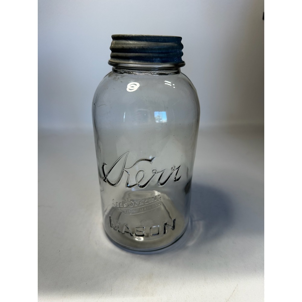 Vintage Kerr Self Sealing Quart Mason Jar Clear Glass with Ball Zinc Lid 8.5"
